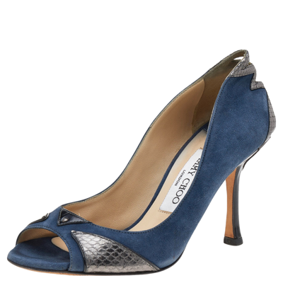 Pre-owned Jimmy Choo Blue Suede And Snakeskin Peep Toe Pumps Size 36.5