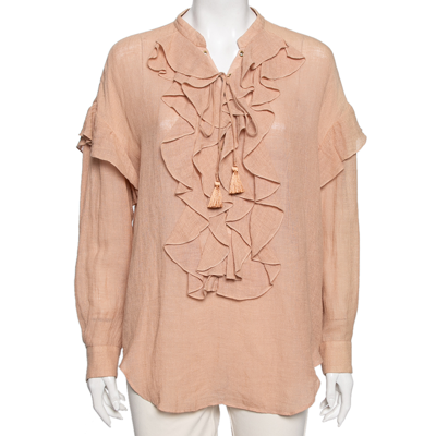 Pre-owned Chloé Beige Cotton Ruffle And Lace Up Front Blouse M
