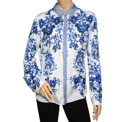 Pre-owned Roberto Cavalli White & Blue Floral Print Long Sleeve Shirt L