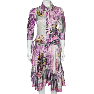 Pre-owned Just Cavalli Multicolor Printed Silk Belted Ruffled Hem Dress S