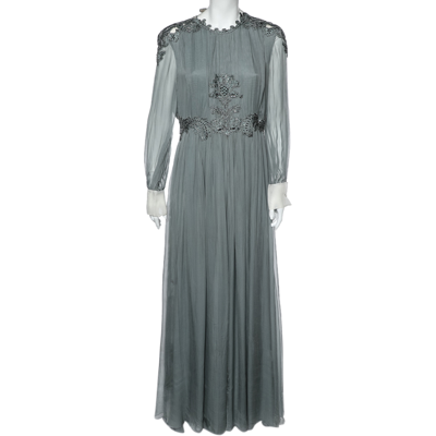 Pre-owned Valentino Grey Crepe De Chine Silk Embellished Maxi Dress L