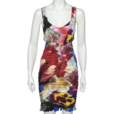 Pre-owned Roberto Cavalli Multicolor Printed Jersey Ruched Cut Out Detail Mini Dress S