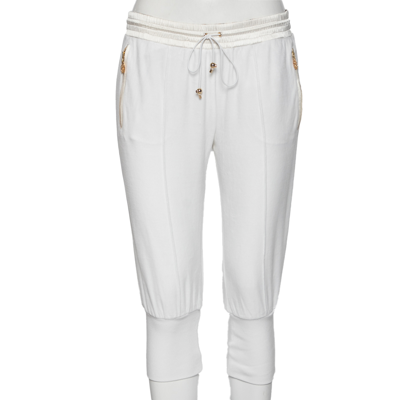 Pre-owned Roberto Cavalli White Cotton Rib Knit Detailed Cropped Joggers M