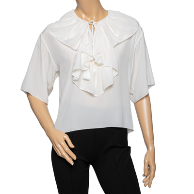Pre-owned Chloé Off White Silk Ruffle Trimmed Neck Tie Detail Blouse S