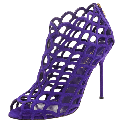 Pre-owned Sergio Rossi Purple Suede Scalloped Peep Toe Caged Booties Size 37