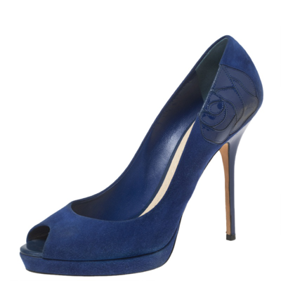 Pre-owned Dior Blue Suede Peep Toe Platform Pumps Size 40.5