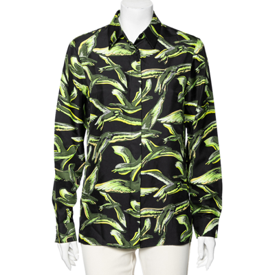 Pre-owned Emilio Pucci Black & Green Bird Printed Silk Shirt M