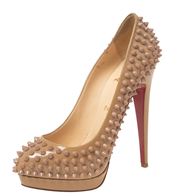 Pre-owned Christian Louboutin Beige Patent Leather Alti Spiked Platform Pumps Size 39