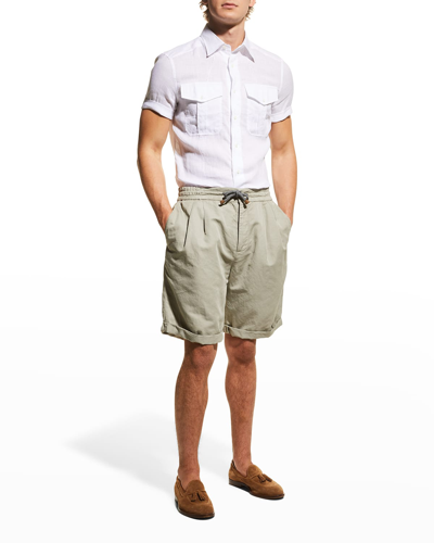 Brunello Cucinelli Straight-leg Linen And Cotton-blend Drawstring Bermuda Shorts In C6251 Green