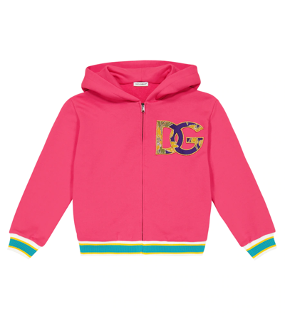 Dolce & Gabbana Kids' Logo棉质拉链帽衫 In Rosa Shocking