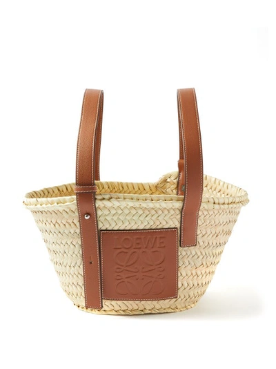 Loewe Anagram-logo Small Leather-trim Raffia Basket Bag In Beige