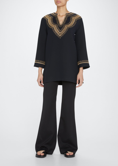 Nili Lotan Karine Embroidered Wool And Silk-blend Tunic In Black W/ Gold Emb