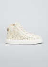 Chloé Lauren Scalloped Leather-trimmed Lace High-top Sneakers In Beige