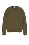 Saint Laurent Khaki Cotton Distressed Sweater In Khaki