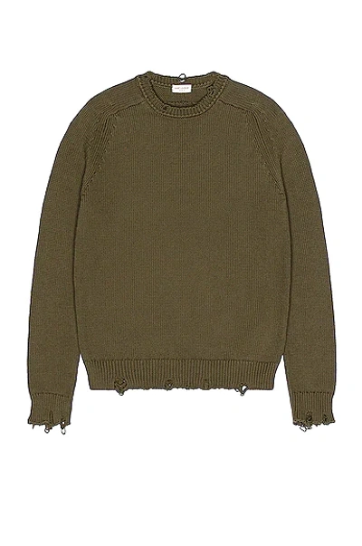 Saint Laurent Khaki Destroyed Knit Sweater In Green