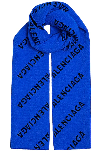 Balenciaga Logo羊毛混纺围巾 In Blue Black