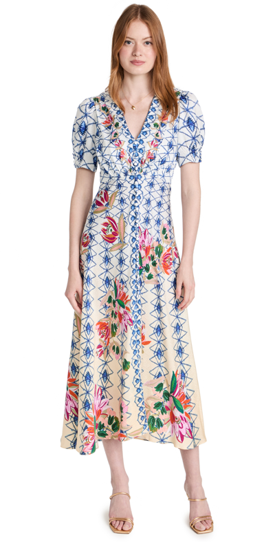 Saloni Lea Floral-print Silk-jacquard Maxi Dress In White,blue,pink