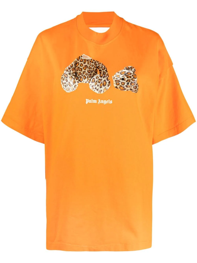 Palm Angels Woman Orange Oversized T-shirt With Leopard Bear