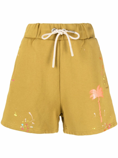 Palm Angels Paint Splatter Cotton Shorts In Yellow