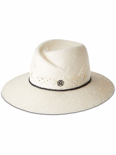 Maison Michel Virginie Bead-embellished Perforated Straw Fedora In Nude & Neutrals