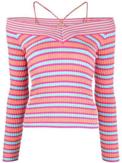 Andersson Bell Nina Striped Off-the-shoulder Knitted Top In Pink
