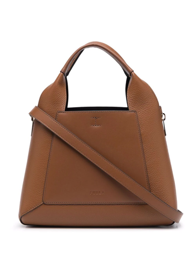 Furla Embossed-logo Leather Tote Bag In Brown