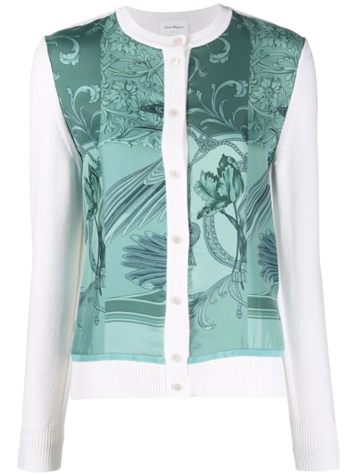Ferragamo Cardigan With Silk Panel Inserts In White