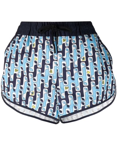 Moncler Abstract-print Mini Shorts In Bright Blue
