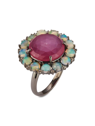 Banji Jewelry Women's Rhodium Plated Sterling Silver, Glass-filled Ruby, Opal & Diamond Floral Ring