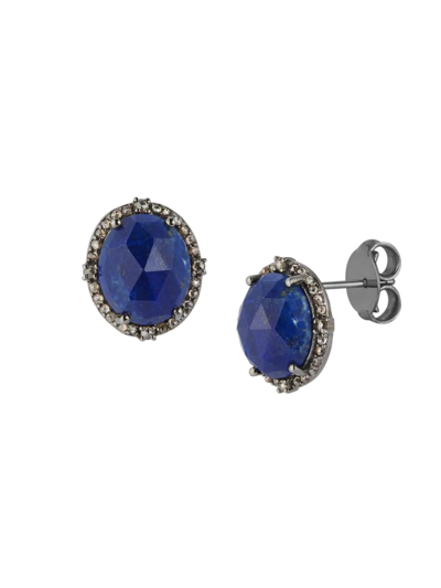 Banji Jewelry Women's Black Rhodium Plated Sterling Silver, Lapis & Brown Diamond Stud Earrings