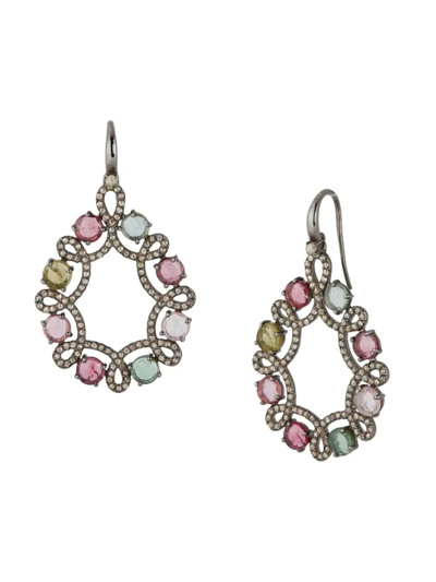 Banji Jewelry Women's Sterling Silver, Multi-color Tourmaline & Diamond Drop Earrings