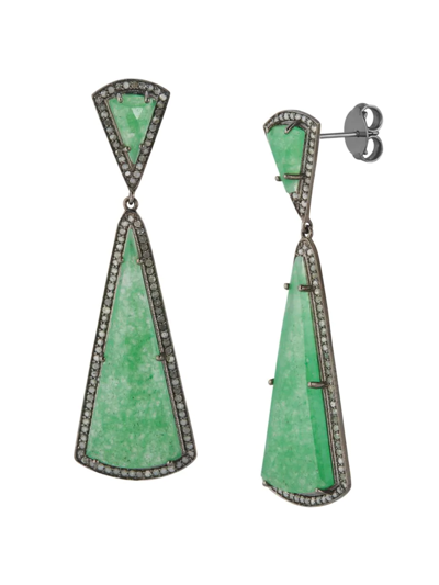 Banji Jewelry Women's Black Rhodium-plated Sterling Silver, Green Adventurine & Diamond Drop Earrings
