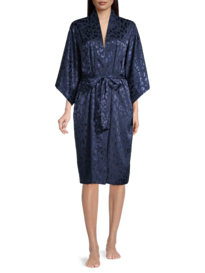 Natori Animal Print Satin Wrap Robe In Midnight Navy