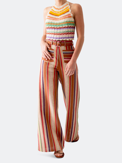 Miguelina + Net Sustain Rita Belted Striped Linen Wide-leg Pants In Brown