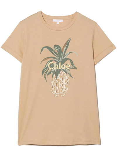 Chloé Kids Beige T-shirt With Pineapple Print And Chloe Logo In Neutrals