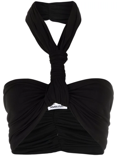 Ambush Twist Halterneck Ruched Cropped Top In Black
