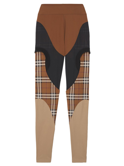 Burberry Panelled Checked Stirrup Leggings In Brown