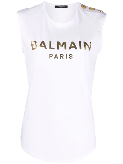 Balmain White Sleeveless Logo T-shirt In White,gold