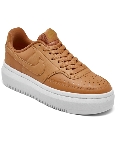Nike Women's Court Vision Alta Leather Platform Casual Sneakers From Finish Line In Light Cognac,white,metallic Gold,light Cognac