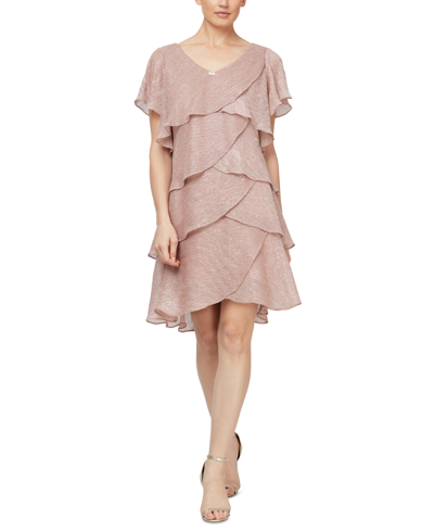 Sl Fashions Tiered Shimmer Shift Dress In Faded Rose