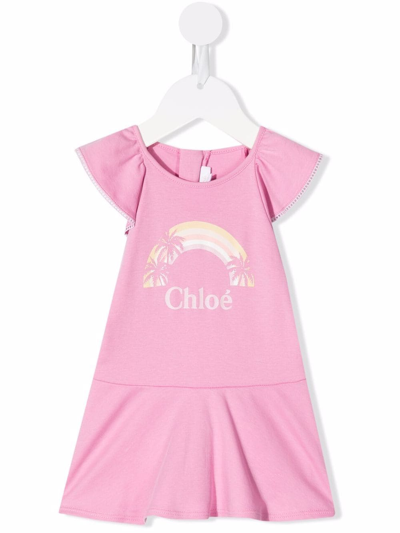Chloé Babies' Rainbow Logo-print T-shirt Dress In Pink