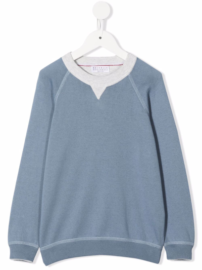 Brunello Cucinelli Cotton Contrast-trim Sweatshirt (4-12 Years) In Blue