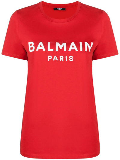 Balmain Logo印花棉质平纹针织t恤 In Red