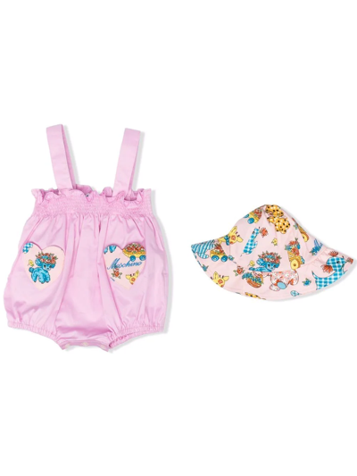 Moschino Babies' Heart-patch Romper And Hat Set In Rosa