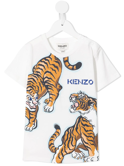 Kenzo Kids' Logo Tiger-print T-shirt In White