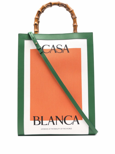 Casablanca Logo-print Bamboo-handle Tote Bag In Green/orange