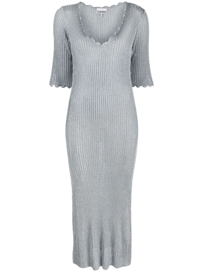 Ganni Ribbed Knitted Dress In Blue