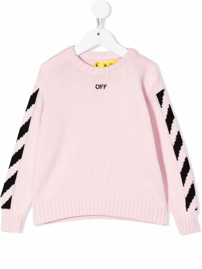 Off-white Kids' Sleeve-stripe Crew-neck Jumper In 粉色