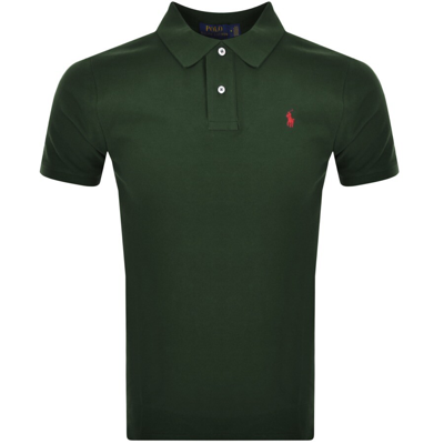 Ralph Lauren Man Dark Green And Red Slim-fit Pique Polo Shirt