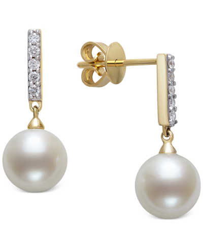 Belle De Mer Cultured Freshwater Pearl (8mm) & Diamond (1/6 Ct. T.w.) Drop Earrings In 14k Gold, Cre